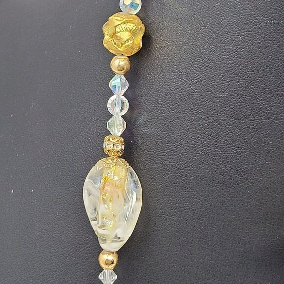 Vintage Princess Necklace Dangle‎ Pierced Earring Set Faux Gold Nugget AB Beads - Picture 10 of 16